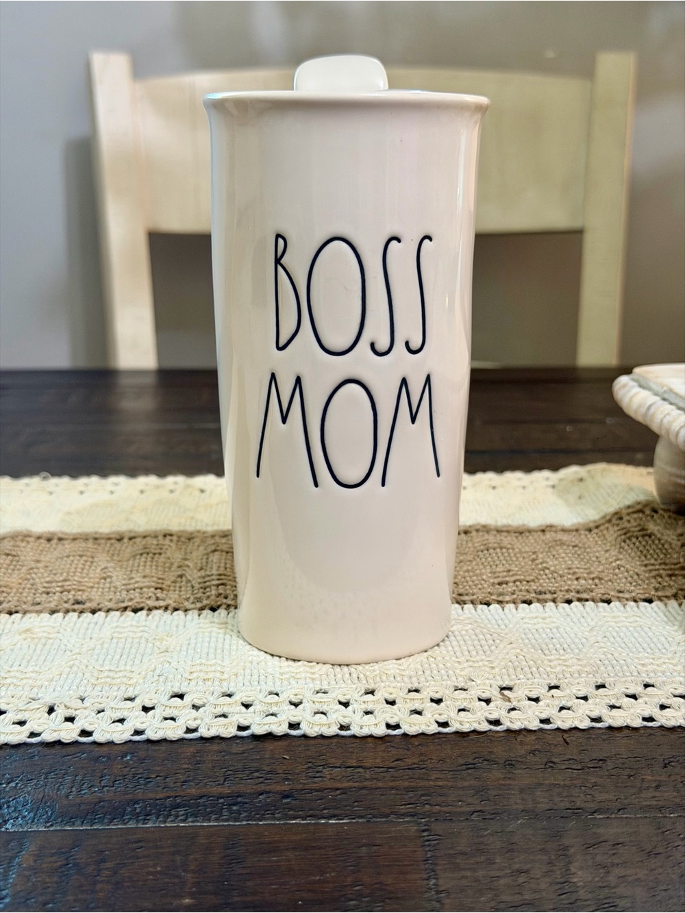 Rae Dunn Boss Mom Ceramic Travel Mug - White with Black Lettering